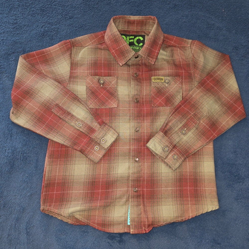 Dixxon Flannel Co DFC Youth Division Red Tan Plaid D-Tech Shirt Kids Small S